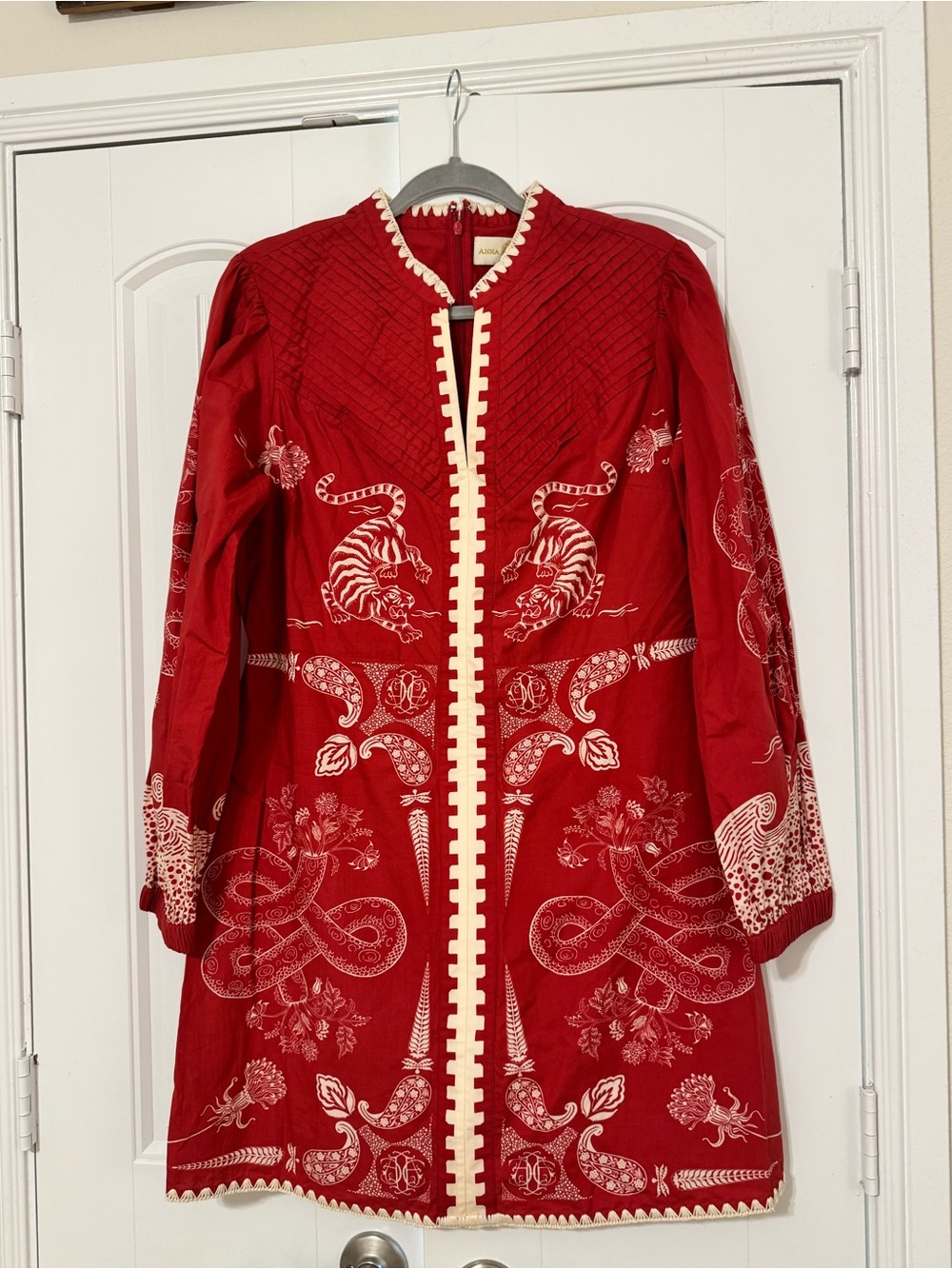 Anna Sui Red Dress with Cream Trim and Embroidery
